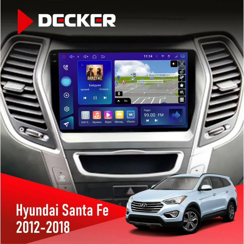 Штатна магнітола Hyundai Santa Fe 2012-2018 CAN Decker D9-009 4x64, DSP, 4G, 2k