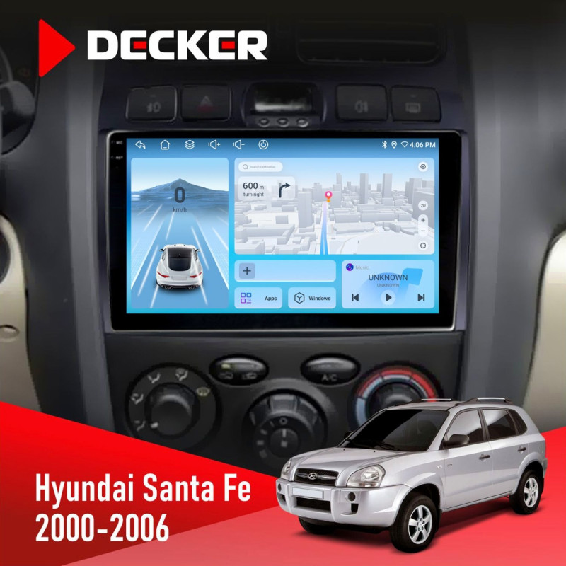 Штатна магнітола Hyundai Santa Fe 2000-2006 Decker D9-010 6x128, DSP, 4G, 2K