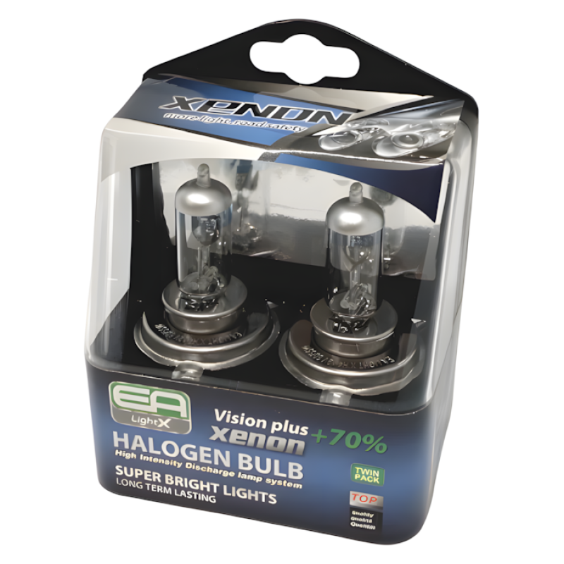 Комплект галогенних ламп H4 EA Light Vision Plus +70% яскравіший, 12V 60/55W (2 шт), для ближнього/дальнього світла