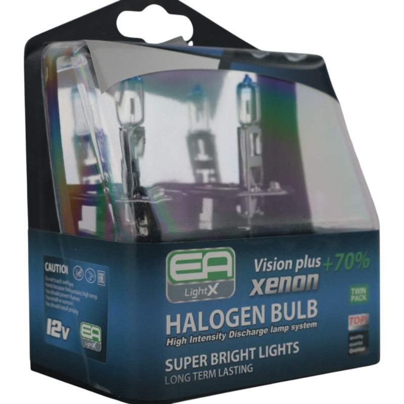 Комплект галогенних ламп H1 EA Light Vision Plus +70% яскравіший, 12V 55W (2 шт), для ближнього/дальнього світла