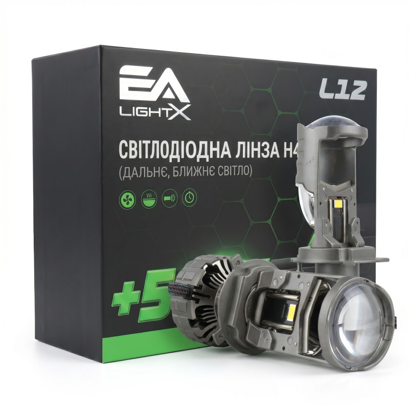 Світлодіодні LED лампи H4 EA Light X L12 +500% 5000K 12000Lm 9V-36V лінзовані міні бі-лед кулер (комплект 2 шт.)