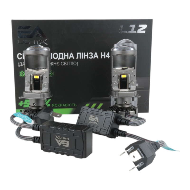 Світлодіодні LED лампи H4 EA Light X L12 +500% 5000K 12000Lm 9V-36V лінзовані міні бі-лед кулер (комплект 2 шт.)