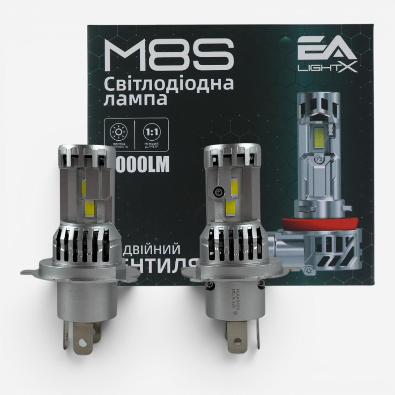 LED лампи H4 EA Light X M8S 8000Lm 6000K 12V для авто ближнє/дальнє світло (2 шт.)