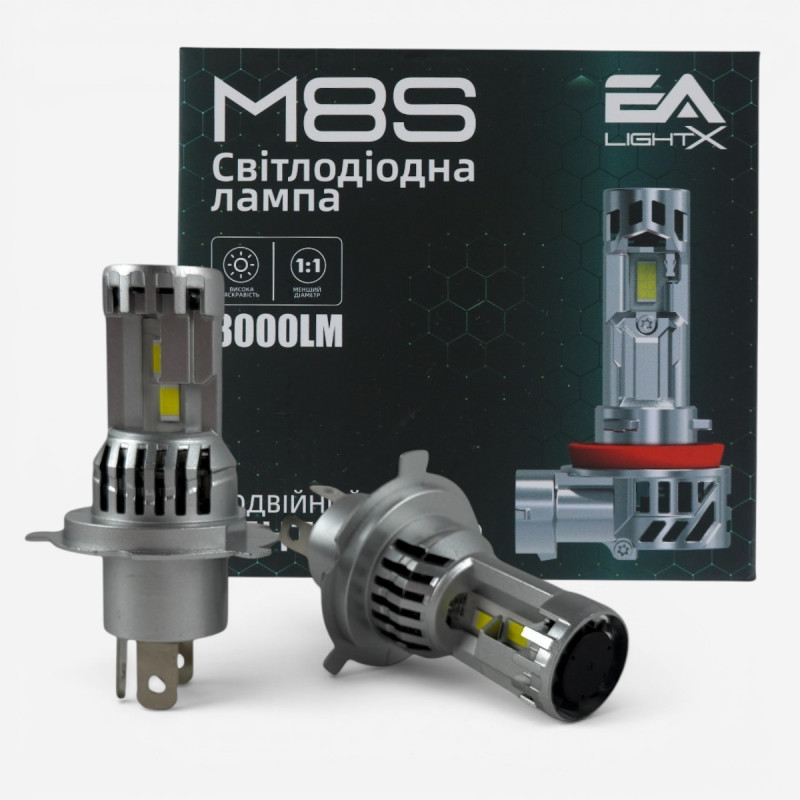 LED лампи H4 EA Light X M8S 8000Lm 6000K 12V для авто ближнє/дальнє світло (2 шт.)