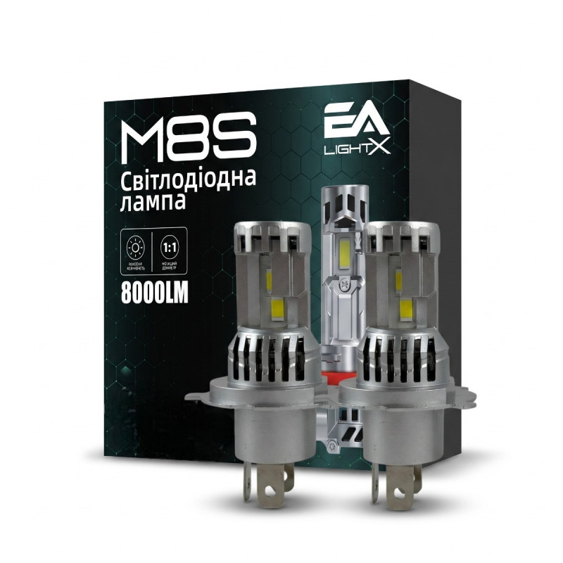 LED лампи H4 EA Light X M8S 8000Lm 6000K 12V для авто ближнє/дальнє світло (2 шт.)