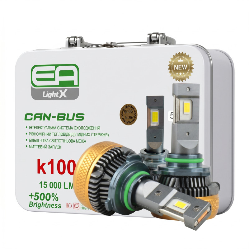 Світлодіодні LED лампи HB3 (9005) EA Light X K100 CAN-BUS 5000K 15000Lm 9V-32V +500% кулер (комплект 2 шт.)