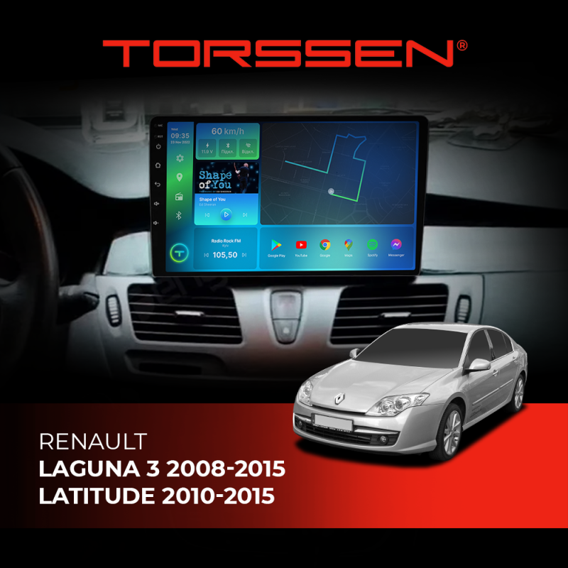 Штатна магнітола Torssen Renault Laguna 3 08-15 Latitude 10-15 FL10 4+64Gb 4G Carplay DSP