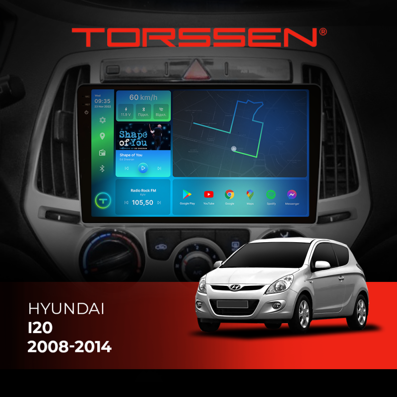 Штатна магнітола Torssen 2K Hyundai I20 08-14 FL9 4+64Gb 4G Carplay DSP